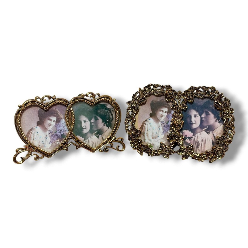 Sixtrees Pair Ornate Gold Tone Double Photo Frames Hearts Floral Vintage Cottage